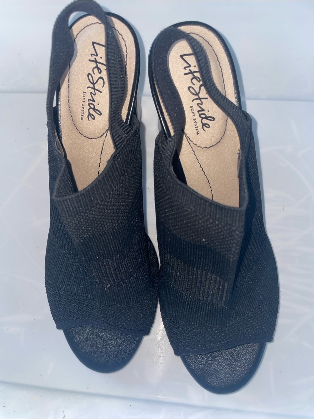 LifeStride Soft System Black Stretch Knit Peep Toe Heeled Sandals | 8.5M